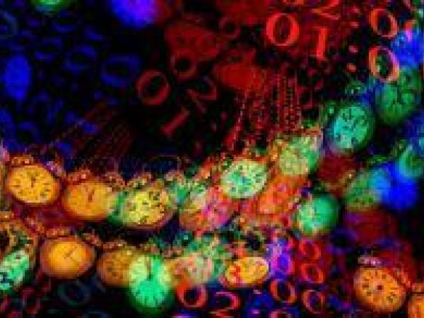 graphic of colourful clocks