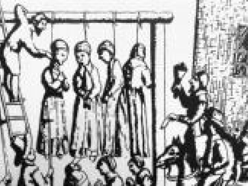 black and white graphic of witches