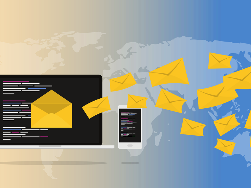 Illustration of envelopes flying from a computer monitor