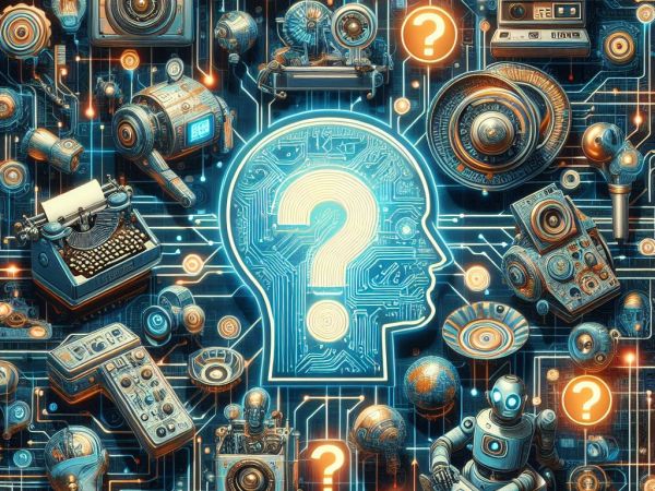 graphic of robots with a person's head in the middle with a question mark