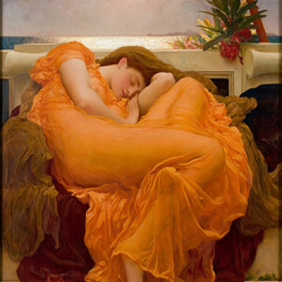 painting of woman sleeping in an orange dress