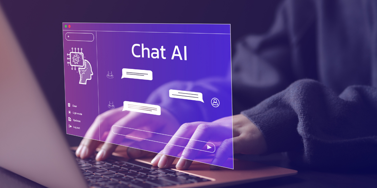Graphic of an AI chat bot over hands typing at a laptop keyboard