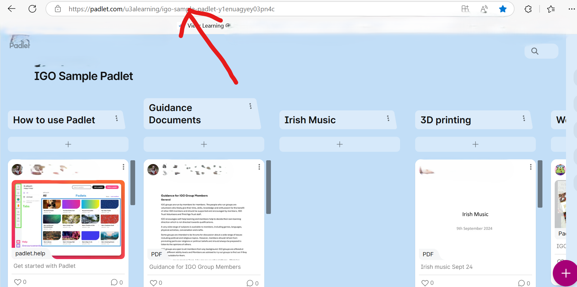 Screen shot showing link for a Padlet