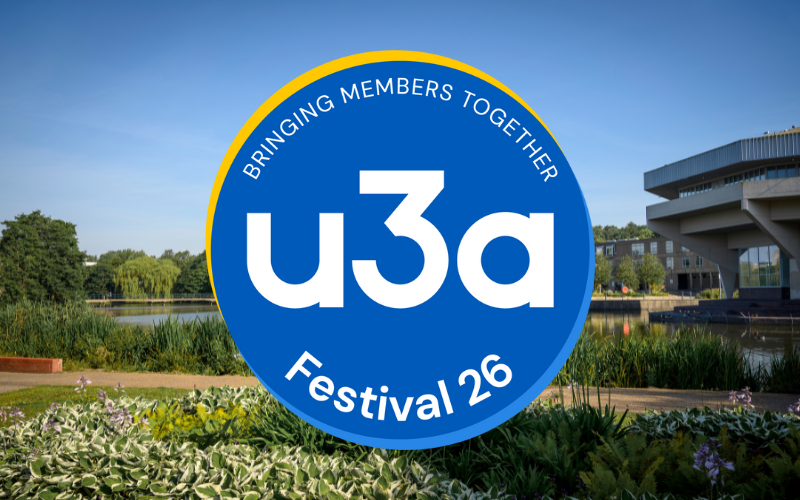 u3a festival 26 logo stamped across a photo of york university
