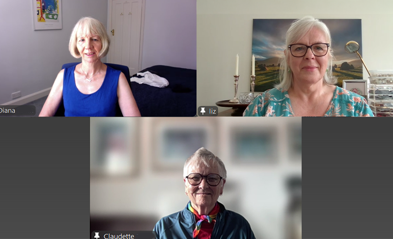 Three women on a Zoom call, smiling at the camera