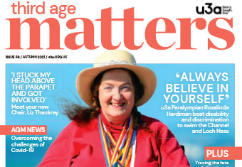 The top of Third Age Matters magazine with a woman wearing a hat and several headlines