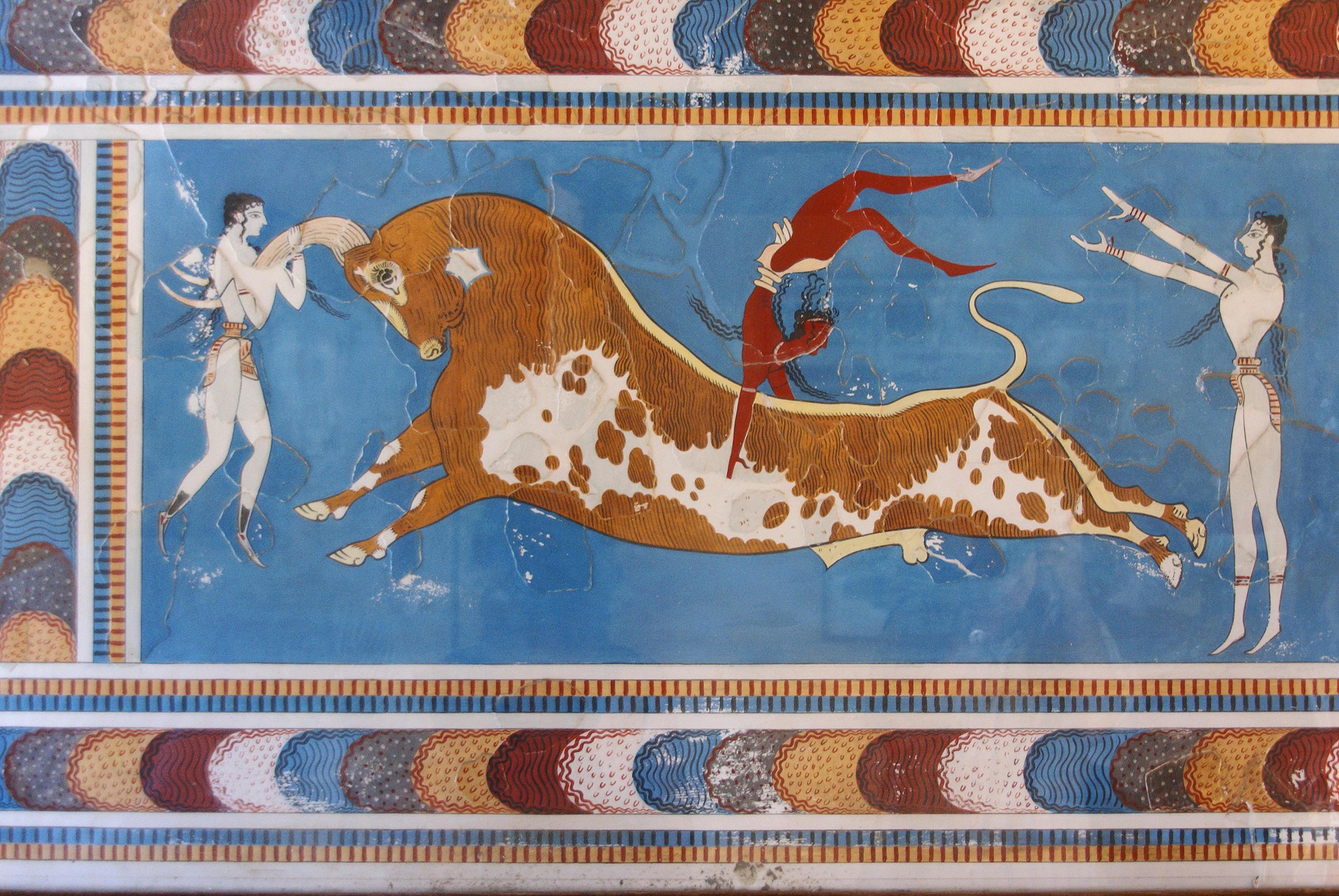 wall painting of mycenaean bull jumpers