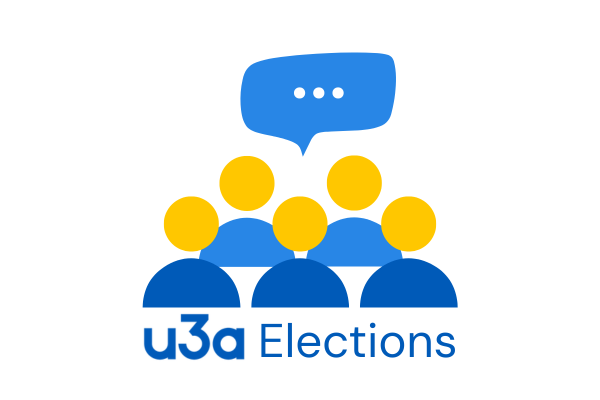graphic displaying five people icons with a speech bubble and the text 'u3a elections'