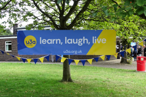 banner on a tree with the words learn, laugh, live written on it