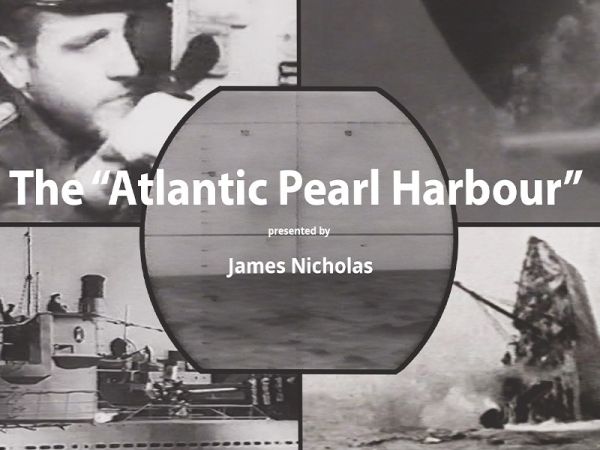 Four black and white photos of naval scenes from WWII