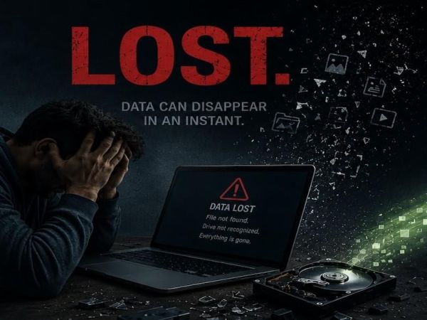 graphic showing someone who has lost data on a laptop