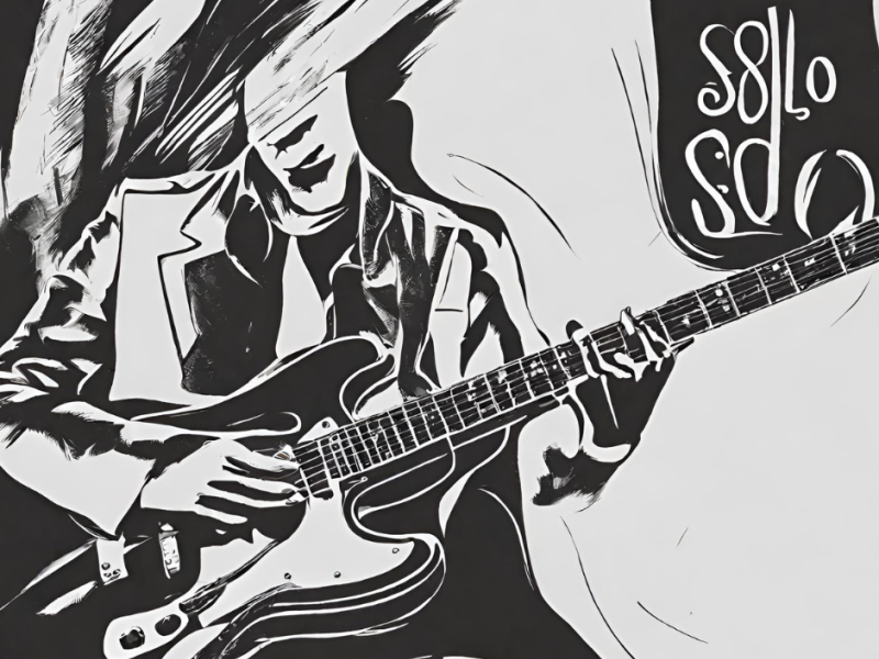 black and white graphic of man playing guitar with the word 'solo'