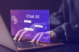 hands typing at a laptop with a Chat AI chat screen hovering above the keyboard