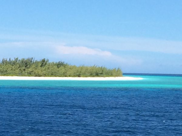 blue sky and sea with an island in the middle
