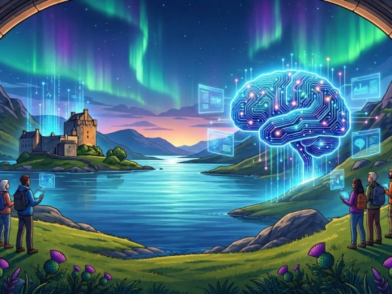 Graphic of a fantasy landscape with a digital brain