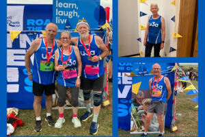 Three photos on a blue background: the photo on the left shows Rik, Elizabeth, Duncan together posing with their models in front of a u3a banner; the top right photo shows Frances inside wearing a u3a lanyard and posing in front of u3a bunting; the bottom right picture shows Nigel posing with his medal outside in front of a u3a flag banner.