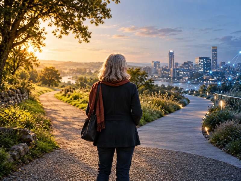 A woman stands at a crossroad between the past and the future