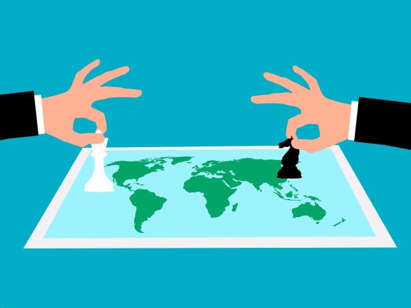 Graphic of chess moves being made on a map