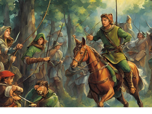 robin hood on a horse surrounded by men in a forest