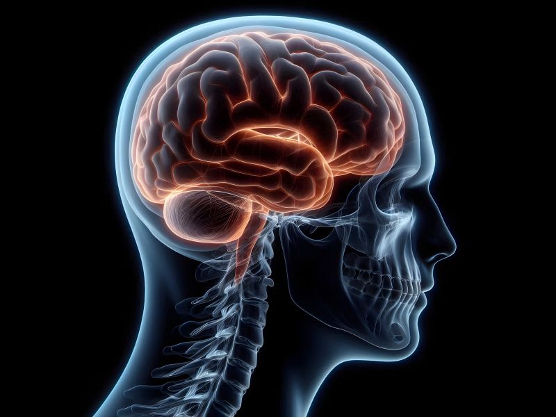 profile of a transparent human head with brain highlighted pink