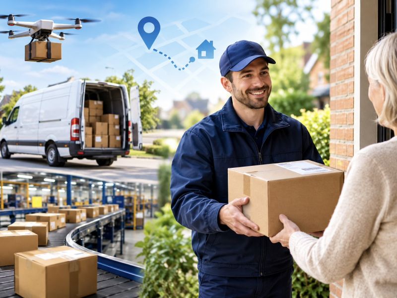 man handing a box to person at their front door with boxes and van in background