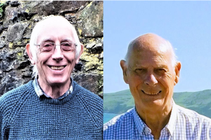 Two seperate headshots, the first of Colin Luker, a man with glasses wearing a knitted jumper, and the second of David Blanchflower, a man wearing a checked shirt standing outside on a sunny day