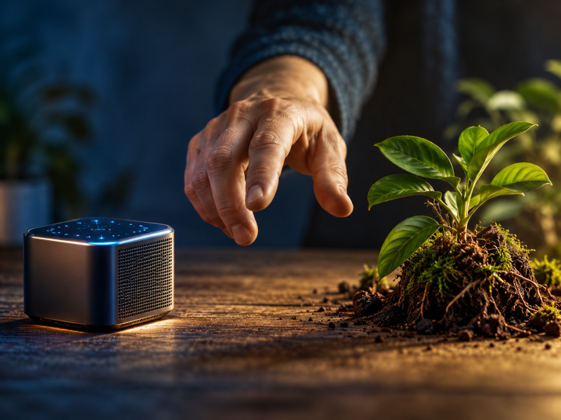 A hand hestitates between a digital device and a green plant