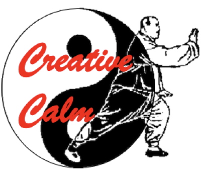 image of a man doing tai chi with the words creative calm over the top in red