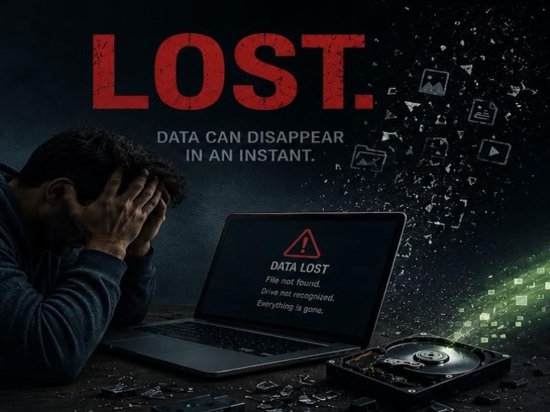 Graphic depicting someone who has lost data on a laptop