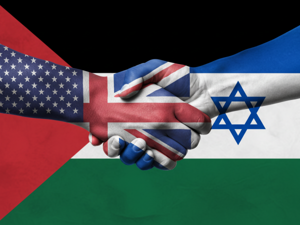 US Israel relations - hands shaking with flags