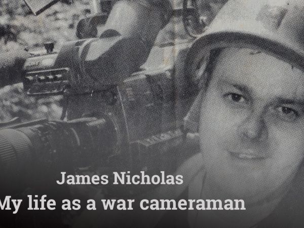 Black and white war photograph of a soldier