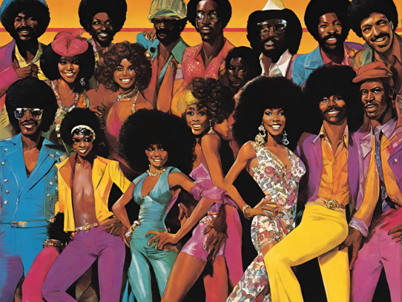 graphic of colourful disco people