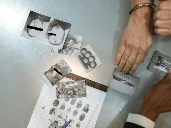 A desk with photos of suspects and weapons