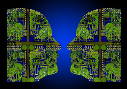 two face shapes made of electrical board facing each other on a deep blue background