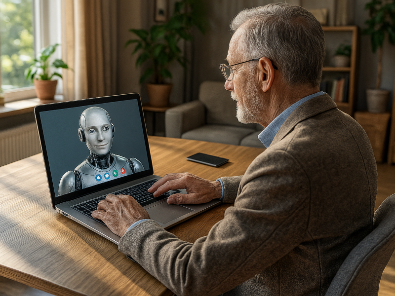 Illustration of a man engaged in conversation with an AI image on a screen.