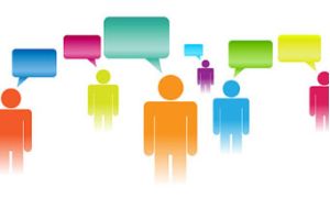 Several cartoon people in different colours with speech bubbles