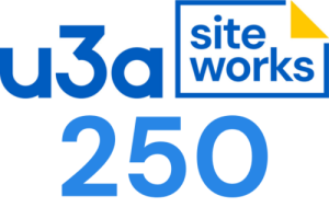 A logo that says u3a siteworks with 250 underneath in a light blue colour